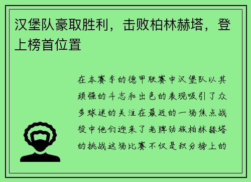 汉堡队豪取胜利，击败柏林赫塔，登上榜首位置